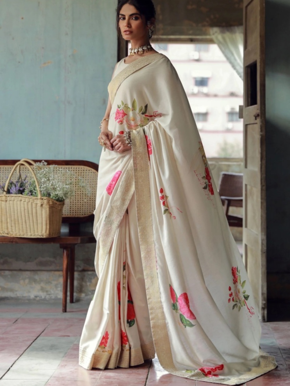 Manto Beige & Pink Roop Saree - Elegant Floral Home Accent Drapery